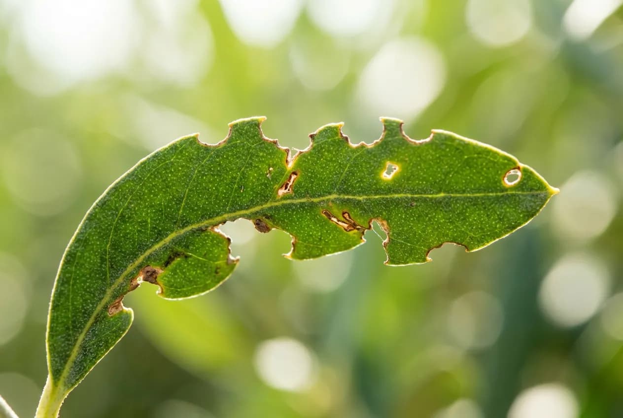 Maladie olivier feuilles mangées : Diagnostic et Solutions Gros plan macro sur une feuille d'olivier verte montrant des morsures en créneaux sur les bords