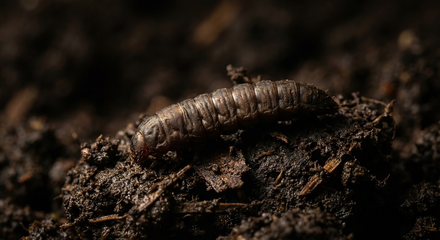Gérer la présence d'asticots dans son compost au jardin Gros plan macro d'une larve de mouche soldat noire sur un terreau sombre