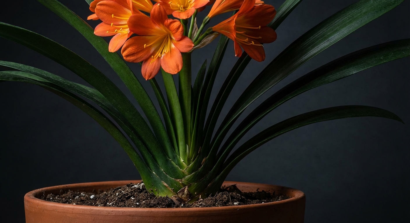 La technique pour faire une bouture de clivia par division Gros plan contrasté d'une fleur de clivia sur fond sombre